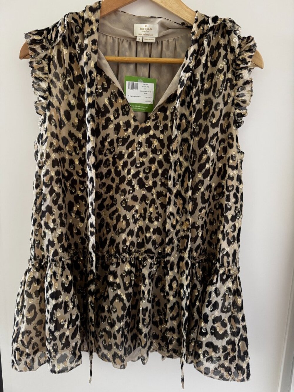 Kate Spade Cream Tan Gold SILK Leopard Sleeveless Ruffle Neck Bow Top Blouse